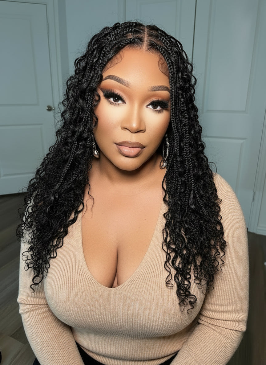 Essential Choice: 16-36" Human Hair Boho Curls Hand Tied Swiss HD Full Lace Knotless Braided Wig