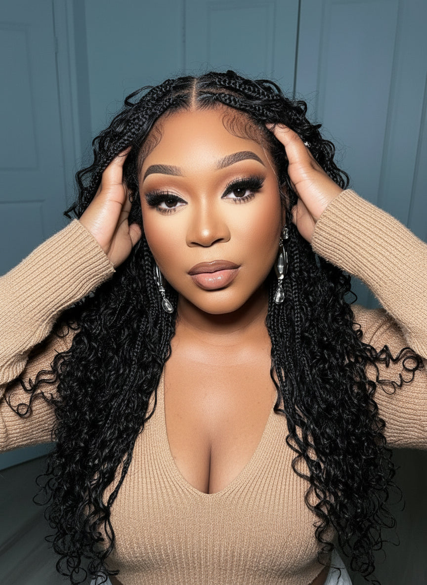 Essential Choice: 16-36" Human Hair Boho Curls Hand Tied Swiss HD Full Lace Knotless Braided Wig