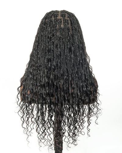 100% Hand-Tied Full Transparent Lace Human Hair Boho Curls Knotless Boho Box Braided Wig
