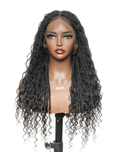 100% Hand-Tied Full Transparent Lace Human Hair Boho Curls Knotless Boho Box Braided Wig