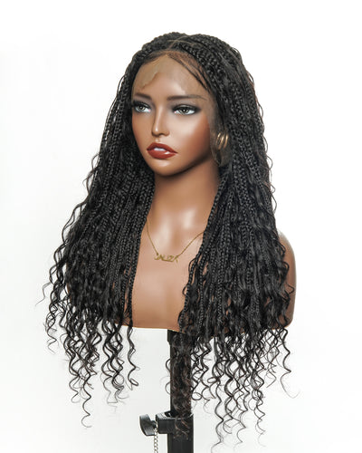 100% Hand-Tied Full Transparent Lace Human Hair Boho Curls Knotless Boho Box Braided Wig