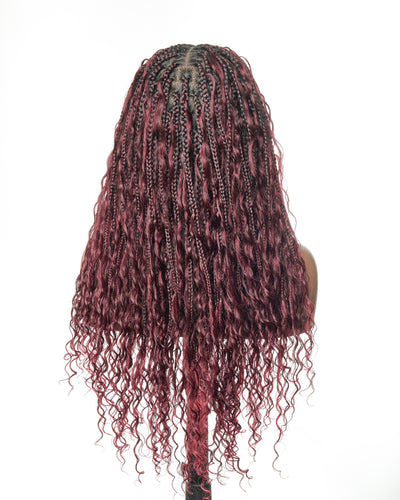 Dark Burgundy 99J Pre Bleached HD Full Lace Human Hair Boho Curls Boho Box Braided Wig 100 Strands