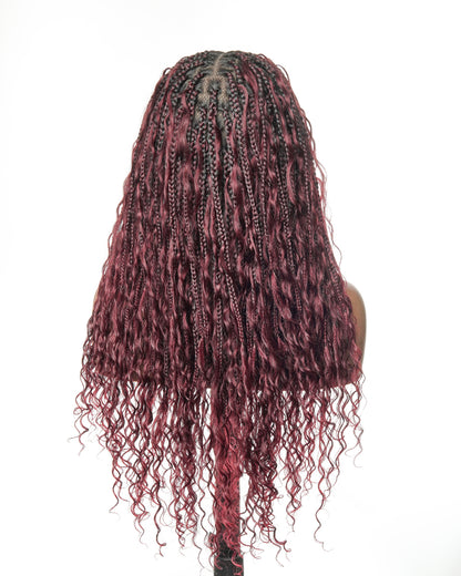 Burgundy 24" HD Full Lace Human Hair Boho Curls Colored Boho Box Braided Wig 100 Strands