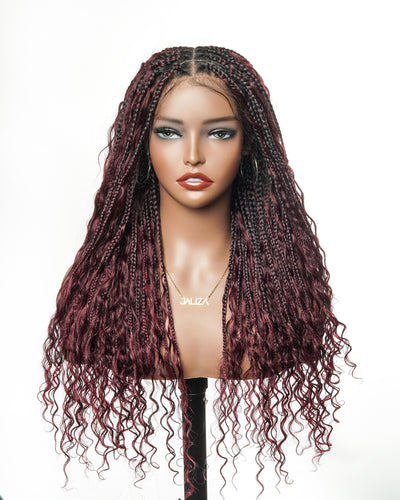 Dark Burgundy 99J Pre Bleached HD Full Lace Human Hair Boho Curls Boho Box Braided Wig 100 Strands