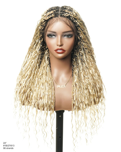 100% Hand-Tied Full Transparent Lace Human Hair Boho Curls Knotless Boho Box Braided Wig
