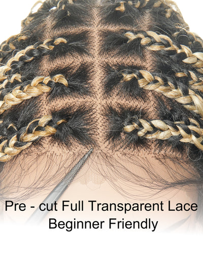 100% Hand-Tied Full Transparent Lace Human Hair Boho Curls Knotless Boho Box Braided Wig