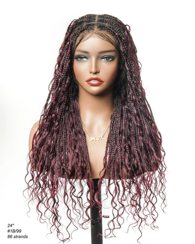 100% Hand-Tied Full Transparent Lace Human Hair Boho Curls Knotless Boho Box Braided Wig