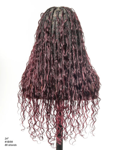 100% Hand-Tied Full Transparent Lace Human Hair Boho Curls Knotless Boho Box Braided Wig