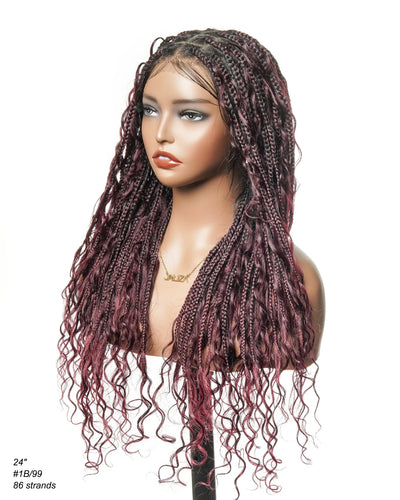 100% Hand-Tied Full Transparent Lace Human Hair Boho Curls Knotless Boho Box Braided Wig