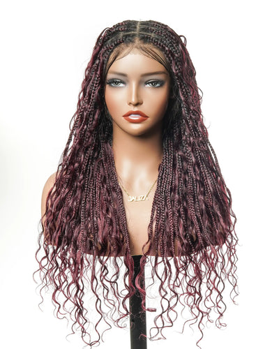 100% Hand-Tied Full Transparent Lace Human Hair Boho Curls Knotless Boho Box Braided Wig