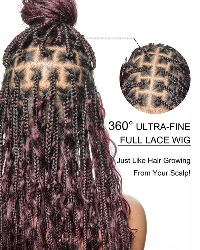 100% Hand-Tied Full Transparent Lace Human Hair Boho Curls Knotless Boho Box Braided Wig