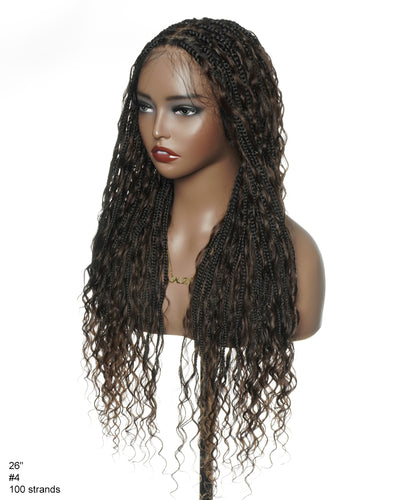 26" Dark Brown #4 Pre Bleached Human Hair Curls Boho Box Braided Wig