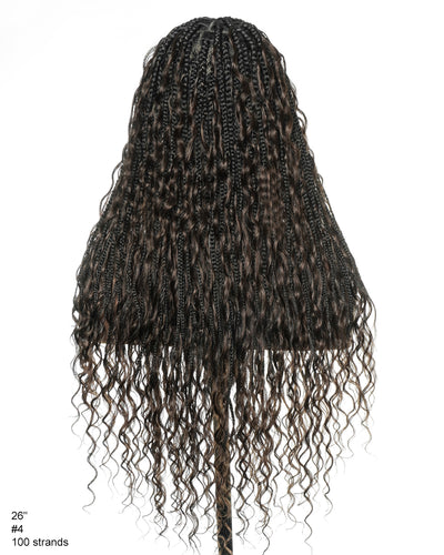 26" Dark Brown #4 Pre Bleached Human Hair Curls Boho Box Braided Wig
