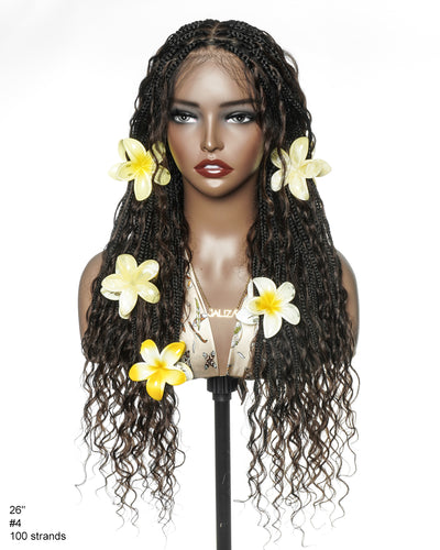 26" Dark Brown #4 Pre Bleached Human Hair Curls Boho Box Braided Wig