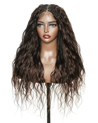 Michelle - Salon-Style Glueless Miracle Braided Wig Pre-Bleached Swiss HD Full Lace Boho Box Braids Bora Bora Human Hair Body Wave Curls