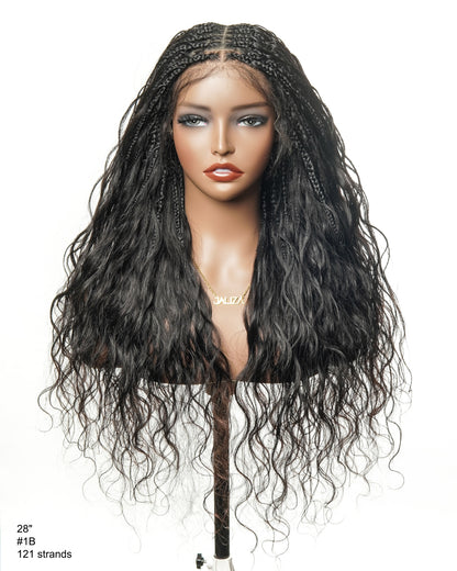 28" Loose Body Boho Curls Full-Dense 121 Strands Knotless Box Braided Wig With Pre Bleached Human Hair Lace Base