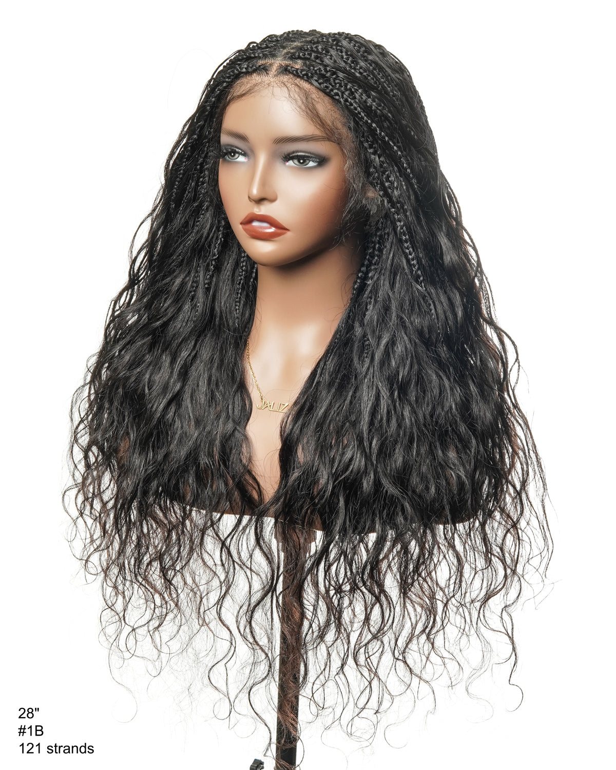 28" Loose Body Boho Curls Full-Dense 121 Strands Knotless Box Braided Wig With Pre Bleached Human Hair Lace Base