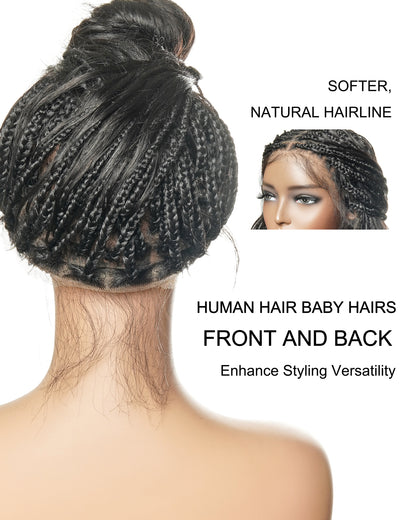 28" Loose Body Boho Curls Full-Dense 121 Strands Knotless Box Braided Wig With Pre Bleached Human Hair Lace Base