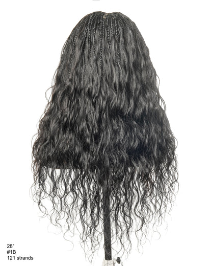 28" Loose Body Boho Curls Full-Dense 121 Strands Knotless Box Braided Wig With Pre Bleached Human Hair Lace Base