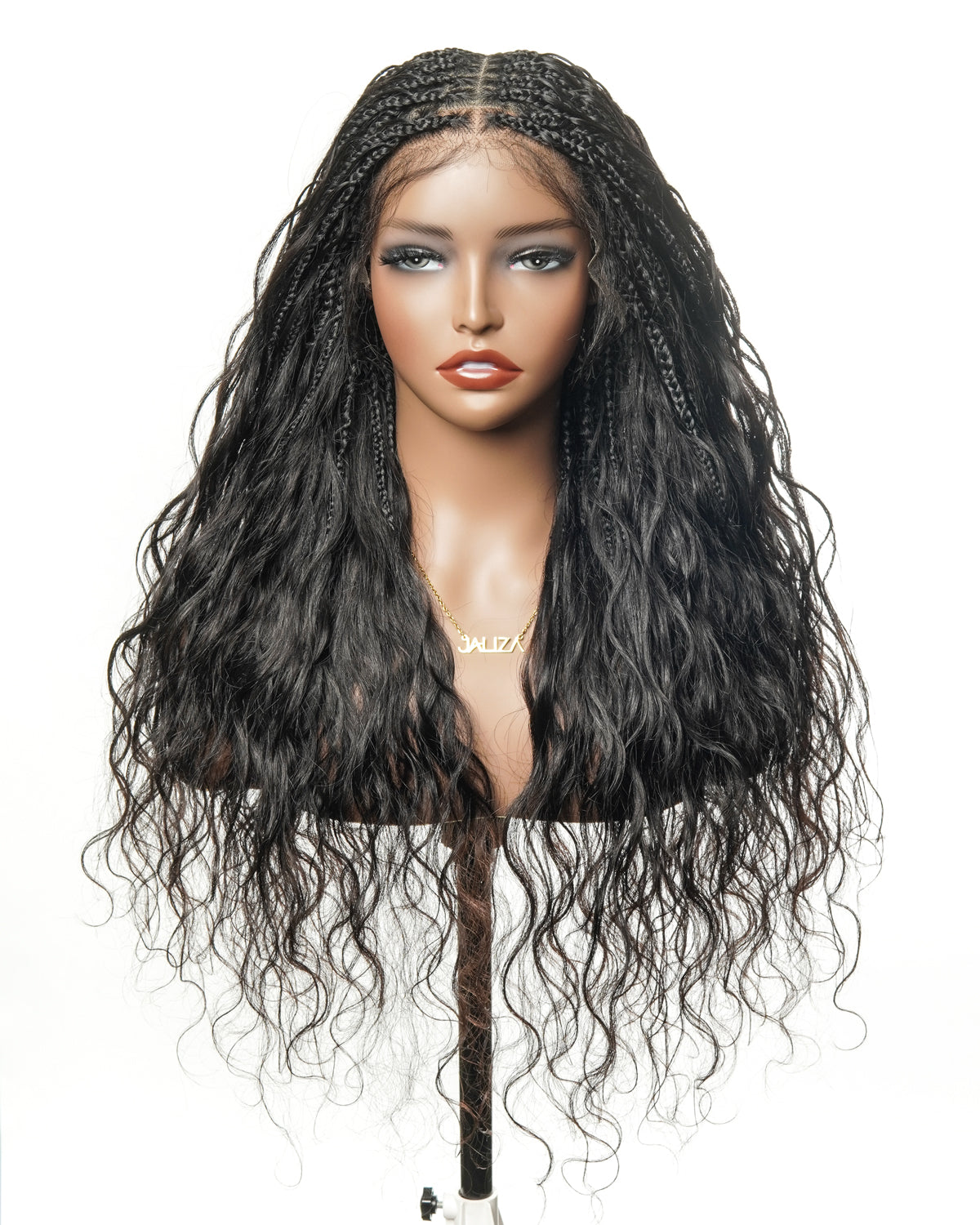 28" Loose Body Boho Curls Full-Dense 121 Strands Knotless Box Braided Wig With Pre Bleached Human Hair Lace Base