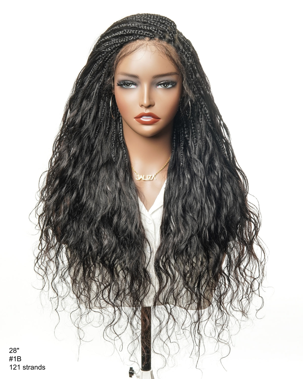 28" Loose Body Boho Curls Full-Dense 121 Strands Knotless Box Braided Wig With Pre Bleached Human Hair Lace Base
