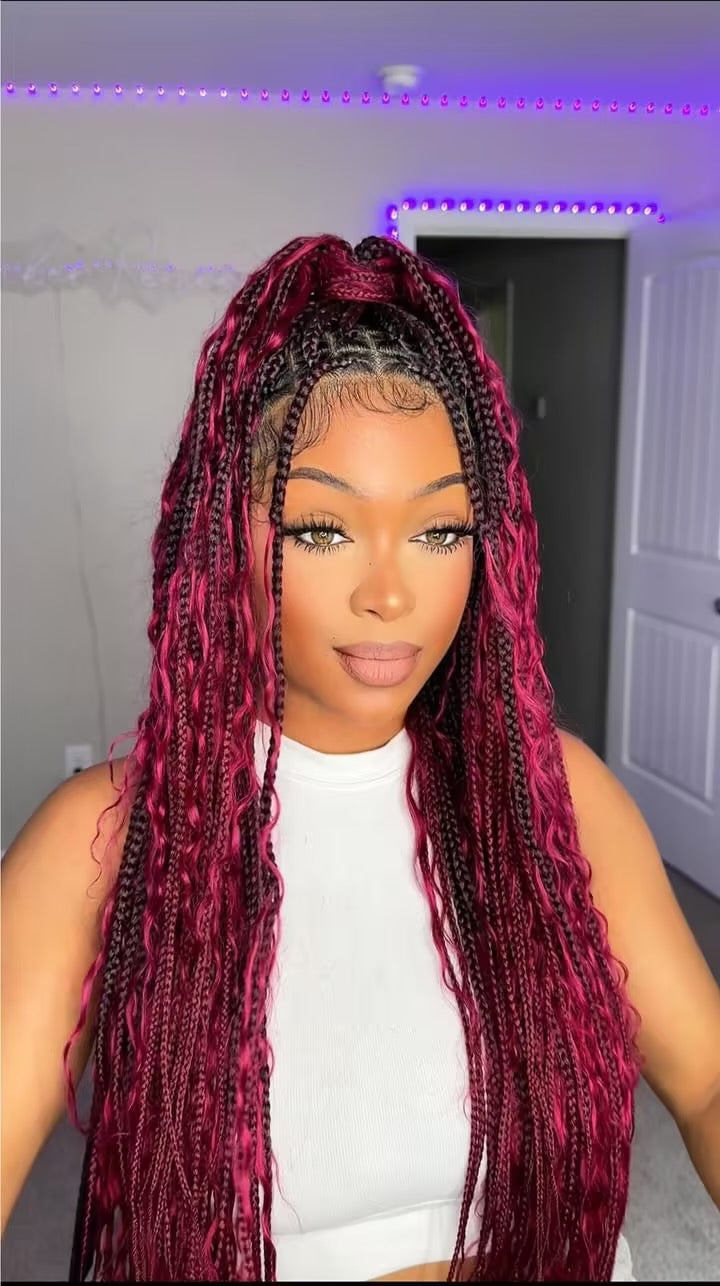 Human Hair Boho Box HD Lace Braided Wig 36 Inches 88 Strands - Burgundy
