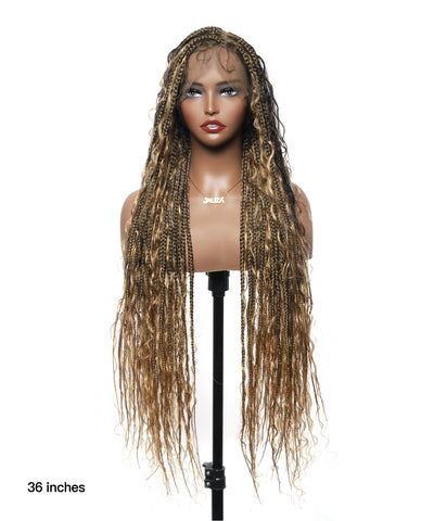 Human Hair Boho Box HD Lace Braided Wig 36 Inches 100 Strands - Light Burgundy