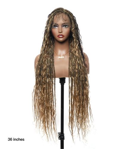 Human Hair Boho Box HD Lace Braided Wig 36 Inches 88 Strands - Burgundy