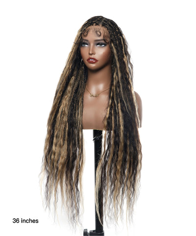 36" Piano Color Honey Blond & Black Pre Bleached Human Hair Lace Wet & Wavy Super Style HD Lace Knotless Boho Box Braided Wig
