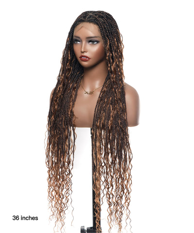 Clearance Item - Triangle Base HD Full Lace Human Hair Boho Curls Knotless Boho Box Braided Wig 36"