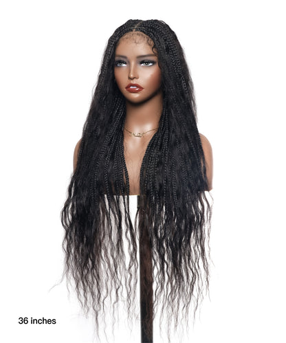 36" Wet & Wavy Human Hair Boho Curls HD Lace Tangleless Super High Density Knotless Boho Box Braided Wig