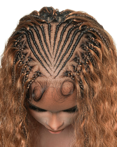 Avery - Fulani 2 Steps Pre Bleached Full lace Cornrow Human Hair Curls Boho Box Braided Wig