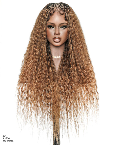 Avery - Fulani 2 Steps Pre Bleached Full lace Cornrow Human Hair Curls Boho Box Braided Wig