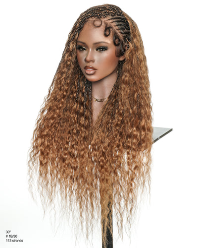 Avery - Fulani 2 Steps Pre Bleached Full lace Cornrow Human Hair Curls Boho Box Braided Wig