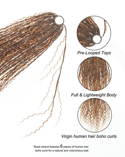 30" Pre Looped Human Hair Crochet Boho Braids 90 Strands/Pack (6 Boho Curls)