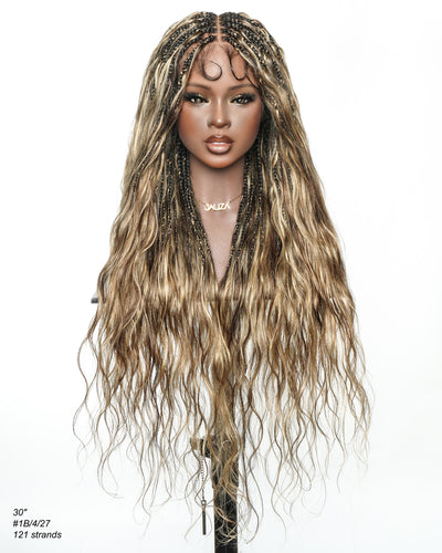 Michelle - Salon-Style Glueless Miracle Braided Wig Pre-Bleached Swiss HD Full Lace Boho Box Braids Bora Bora Human Hair Body Wave Curls