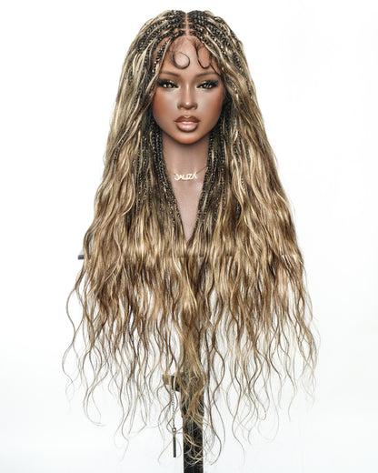 Michelle Luxury 30" 250 Density Pre Bleached Swiss HD Full Lace Bora Bora Boho Box Braided Wig With Human Hair Boho Curls