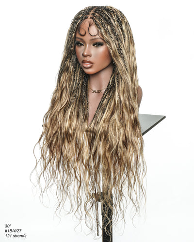 Michelle - Salon-Style Glueless Miracle Braided Wig Pre-Bleached Swiss HD Full Lace Boho Box Braids Bora Bora Human Hair Body Wave Curls