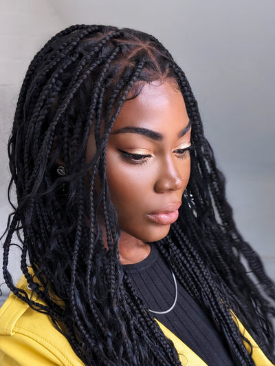 Clearance Item - Triangle Base HD Full Lace Human Hair Boho Curls Knotless Boho Box Braided Wig 36"