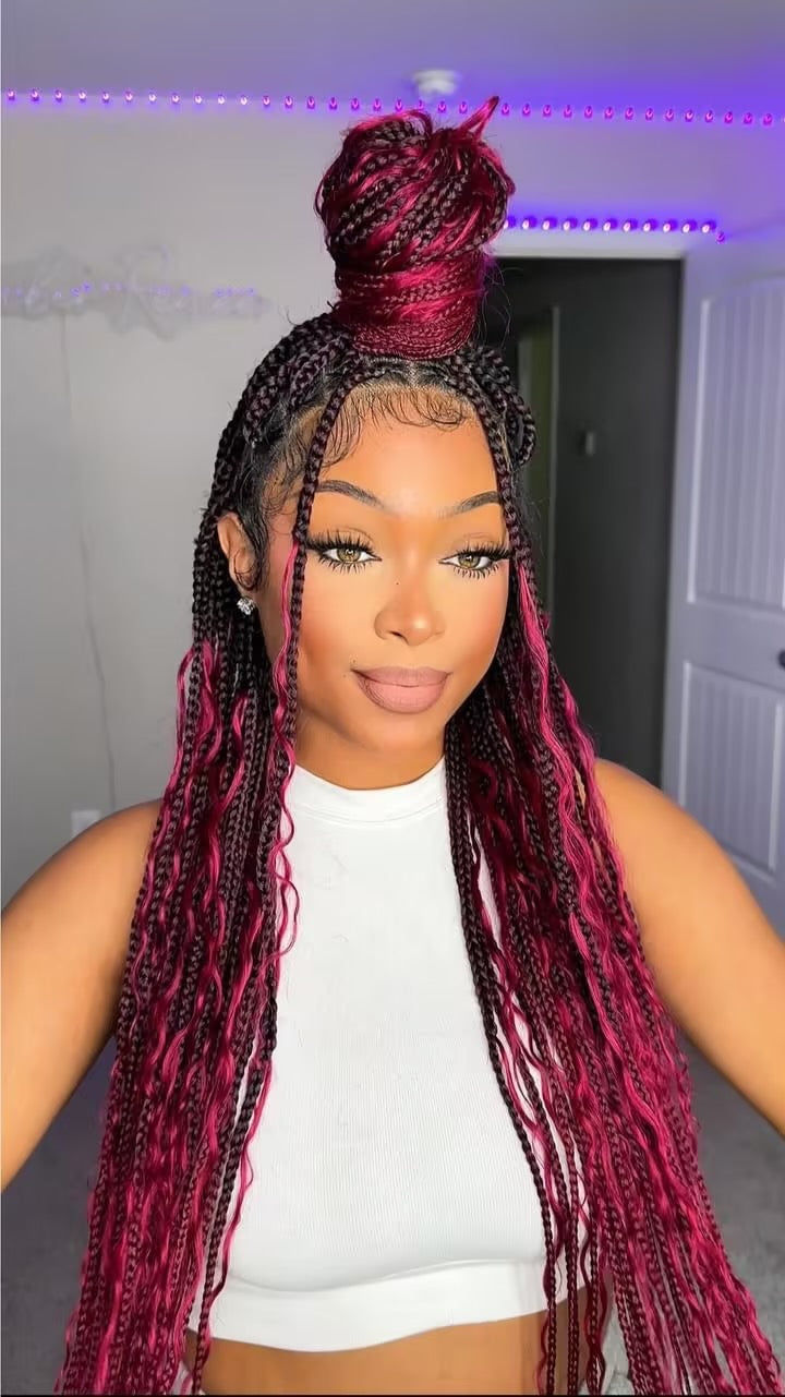 Human Hair Boho Box HD Lace Braided Wig 36 Inches 88 Strands - Burgundy