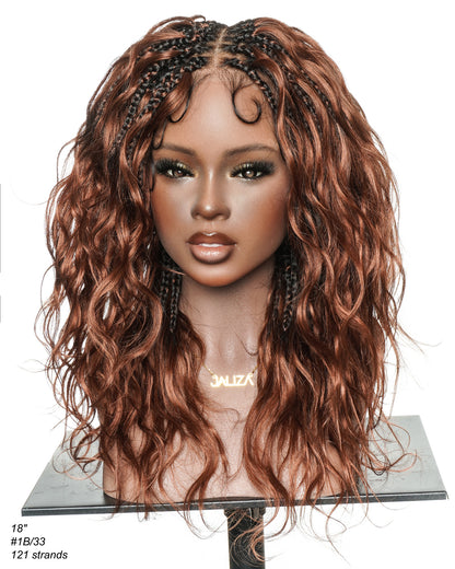 Michelle - 18" New Colors #33 Dark Auburn Brown Human Hair Body Wave Curls Pre Bleached HD Full Lace Knotless Boho Box Braided Wig