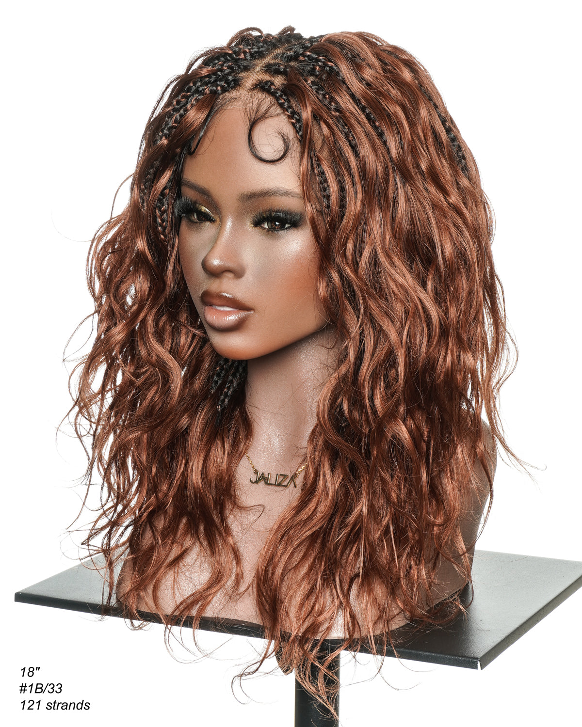 Michelle - 18" New Colors #33 Dark Auburn Brown Human Hair Body Wave Curls Pre Bleached HD Full Lace Knotless Boho Box Braided Wig