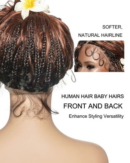 Michelle - 18" New Colors #33 Dark Auburn Brown Human Hair Body Wave Curls Pre Bleached HD Full Lace Knotless Boho Box Braided Wig