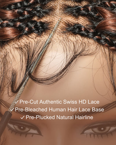 Michelle - Dark Auburn Brown Color #33 Glueless Human Hair Body Wave Curls Pre Bleached HD Full Lace Knotless Boho Box Braided Wig