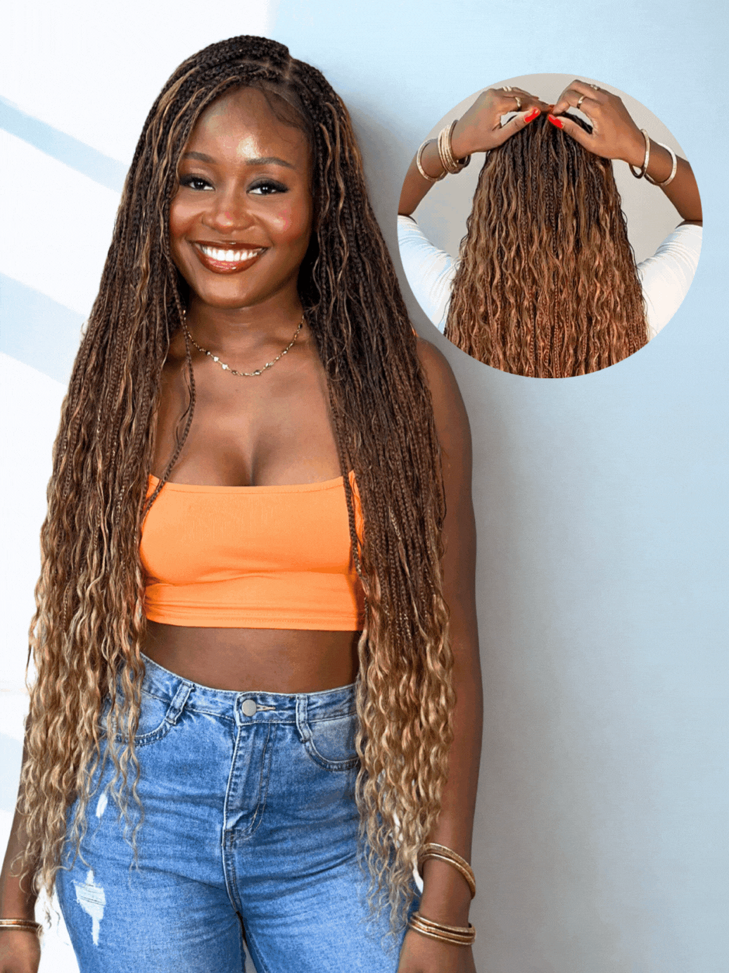 36" Blend Color 1B 30 27 Pre Bleached Human Hair Curls Boho Box Braided Wig 121 Strands