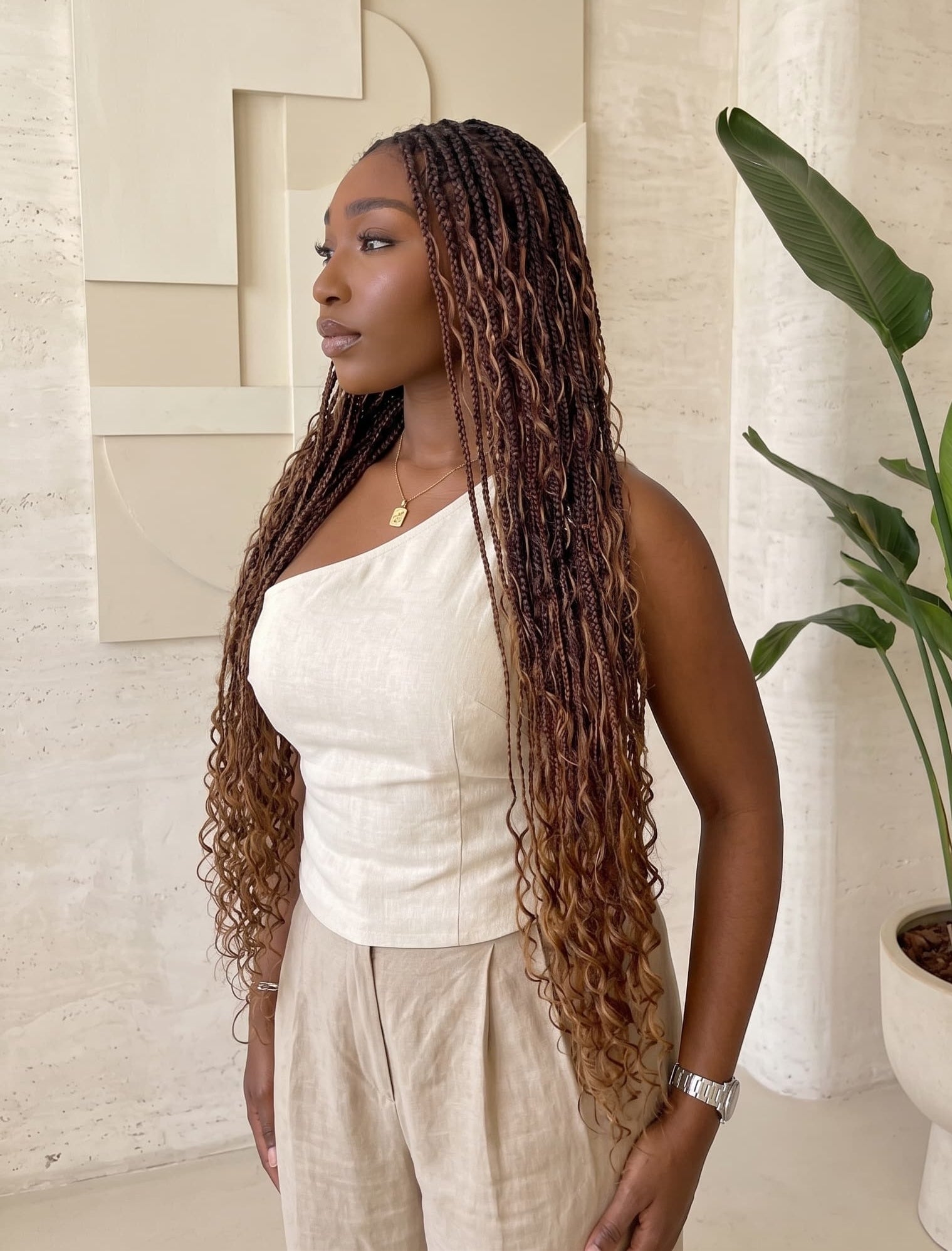 Swiss HD Full Lace Human Hair Boho Curls 36" Knotless Boho Box Braided Wig