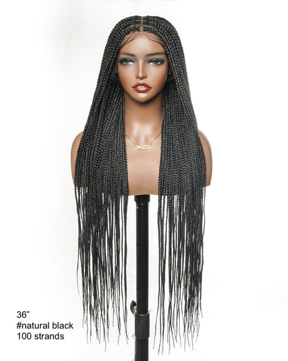 36" Pre Bleached Human Hair Swiss HD Lace Lightweight Knotless Box Braided Wig 100 Strands