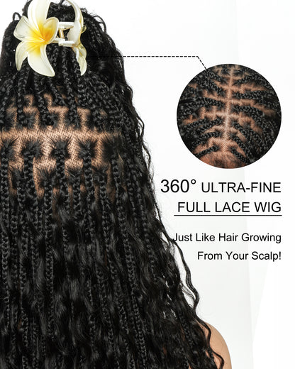 36" Ultra-dense HD Pre Bleached Human Hair Lace Knotless Boho Box Braided Wig