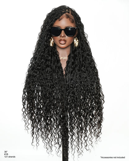 36" Ultra-dense HD Pre Bleached Human Hair Lace Knotless Boho Box Braided Wig