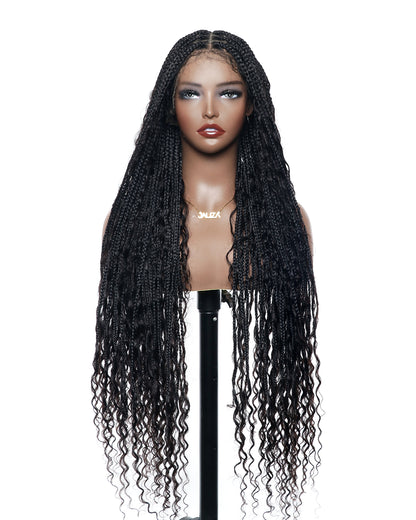 12"-36" Human Hair Deep Wave Curls Pre Bleached Knotless HD Full Lace Boho Box Braided Wig